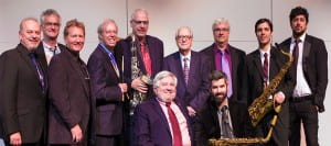 Standing from left: jazz faculty Steve Hawk, Russ Scanlon, Hank Hehmsoth, Butch Miles, guest Lawrence, guest Morgenstern, Keith Winking, Russell Haight, Paul Deemer Seated: Clark, jazz faculty Bennett Wood